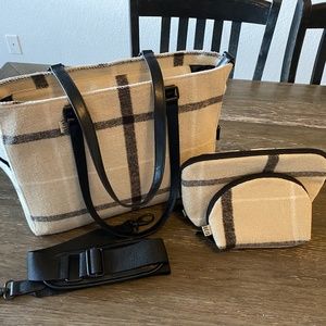Beis Travel Limited Edition Plaid Work Tote & Cosmetic Set Bundle